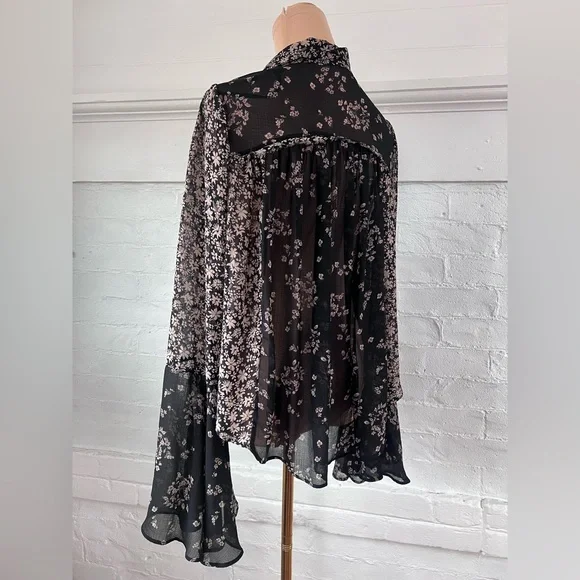 FreePeople Serena Black Floral Blouse Sheer Button Up Ditzy Cottage Witch Size M - Picture 6 of 16